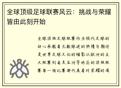 全球顶级足球联赛风云：挑战与荣耀皆由此刻开始